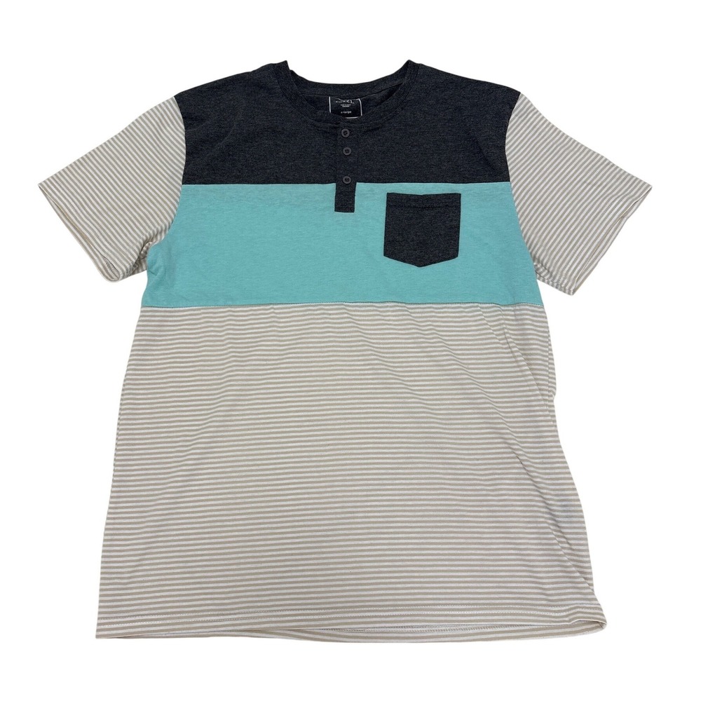 Rue21 Mens XL Henley Shirt Colorblock Striped Short Sleeve Grey Teal Tan Pocket